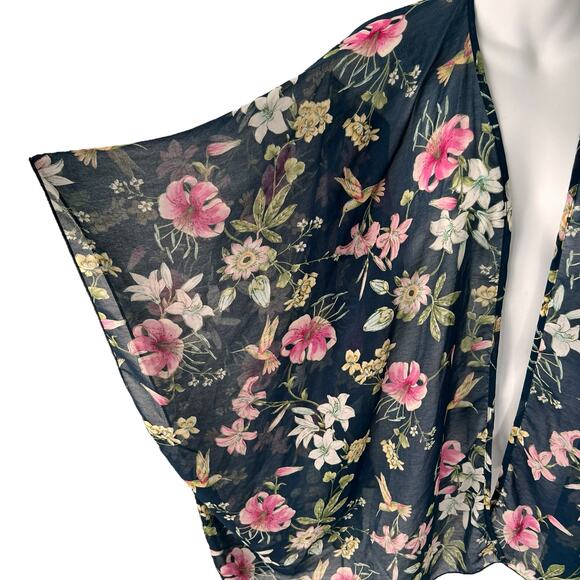 Fotia Sheer Kimono Cardigan Womens‎ L Blue Pink Floral Casual Beach Spring Layer - Picture 2 of 9